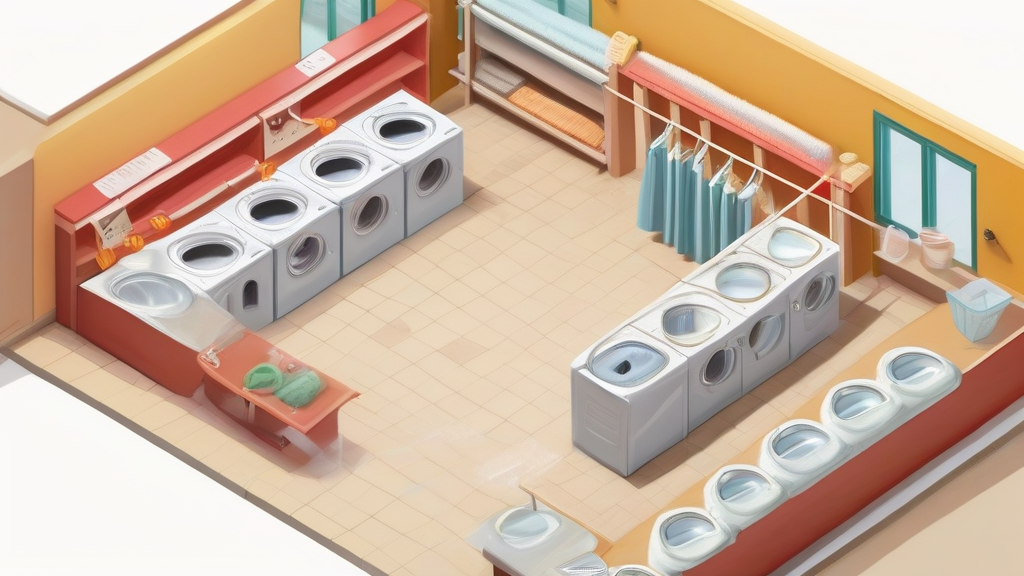 ภาพมุมสูงของผังร้านซักรีดขนาดเล็กแสดงโซนซัก โซนอบ และโซนบริการลูกค้า