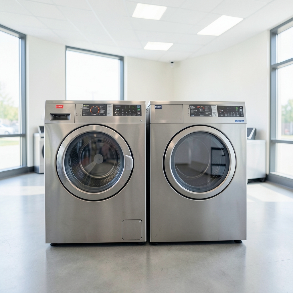 เครื่องอบผ้าสองเครื่องในร้านสะดวกซัก WashLover แสดงโปรแกรมอบร้อนและอบอุณหภูมิต่ำ