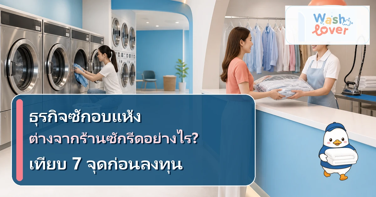 ภาพเปรียบเทียบธุรกิจร้านสะดวกซักแบบบริการตนเองกับร้านซักรีดแบบรับฝาก พร้อมโลโก้และมาสคอต