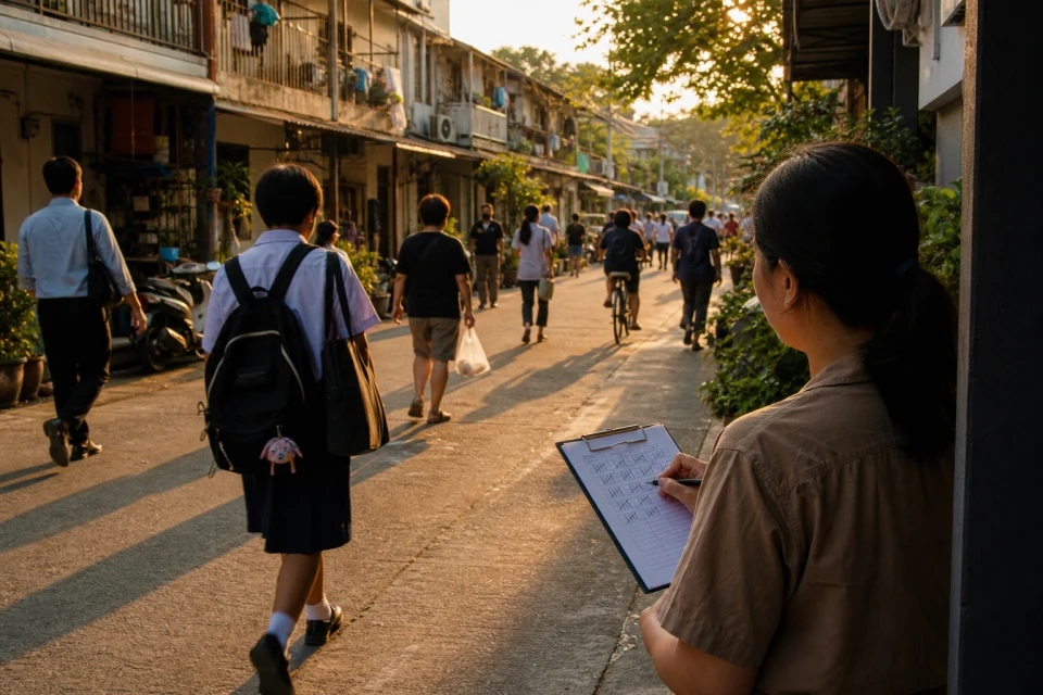 การเก็บจำนวนคนเดินซ้ำในย่านพักอาศัยช่วงเย็น