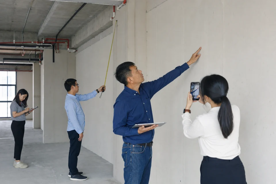 ทีมโครงการสำรวจขนาดผนังและสภาพพื้นที่ก่อนจัดทำงบ
