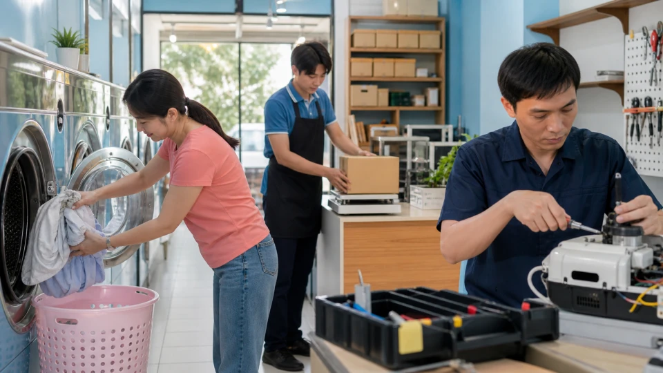 ตัวอย่างร้านสะดวกซัก จุดรับพัสดุ และงานซ่อมซึ่งเป็นบริการในชุมชนต่างจังหวัด