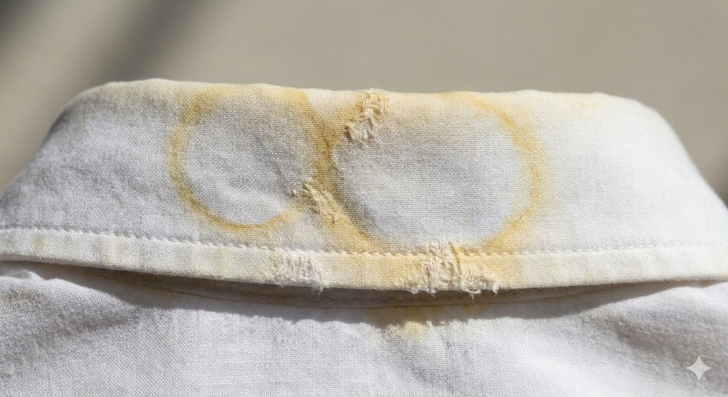 คราบเหลืองและรอยด่างบนเสื้อผ้าขาวที่เกิดจากการฉีดน้ำหอมทับคราบสกปรก