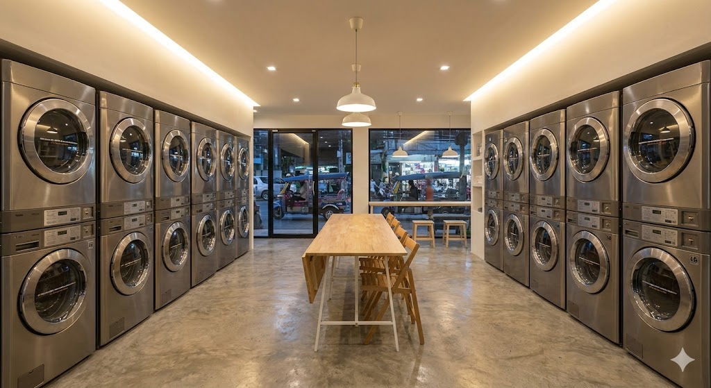 บรรยากาศภายในร้านซักผ้า 24 ชั่วโมงที่ทันสมัยในย่านชุมชนกรุงเทพฯ