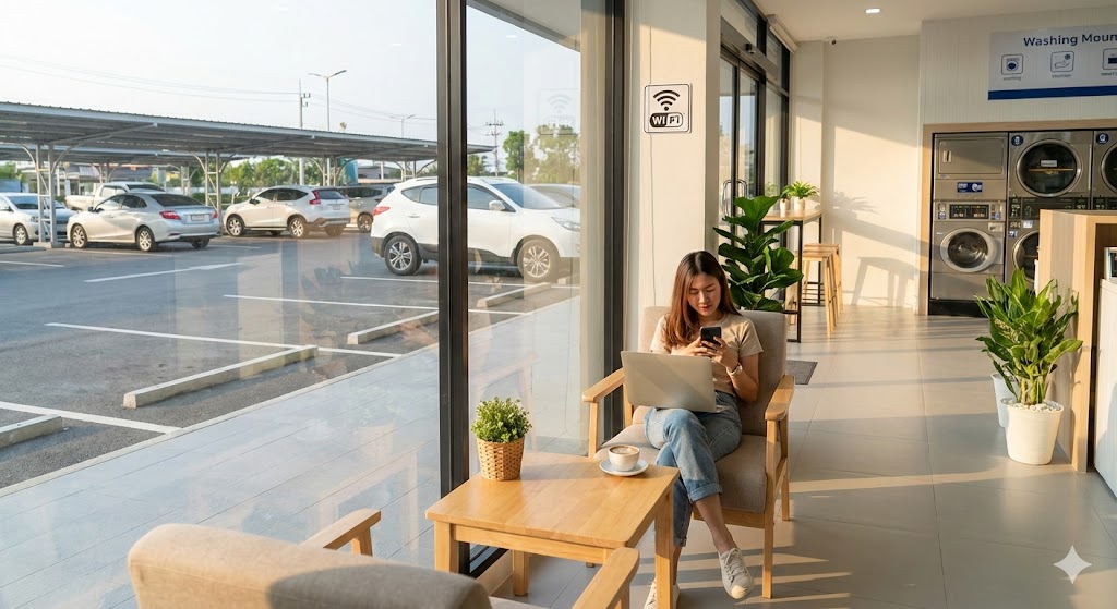 ลูกค้ากำลังรอผ้าในร้านสะดวกซักที่มีพื้นที่พักผ่อนและที่จอดรถสะดวกสบาย