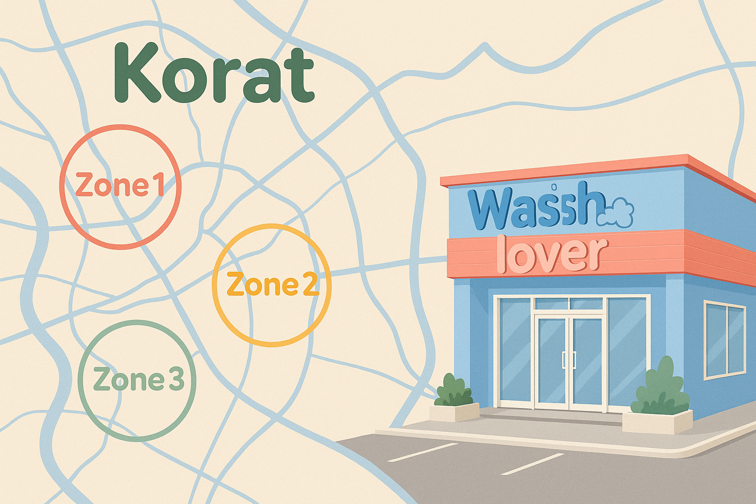 แผนที่แนะนำทำเลเปิดร้านสะดวกซัก Washlover ในตัวเมืองโคราช โซนย่าโม 30กันยา และบุ่งตาหลั่ว