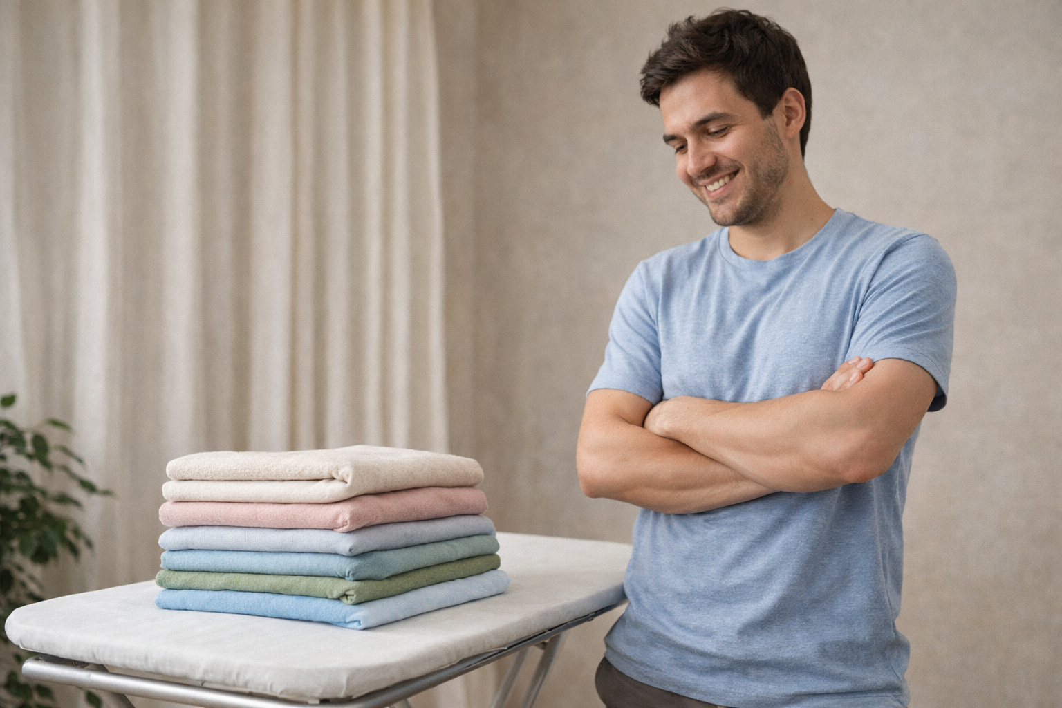 คนยืนยิ้มกับกองผ้าที่พับเสร็จแล้ว ผลลัพธ์ของการพับผ้าหลังอบช่วยให้ผ้าเรียบโดยไม่ต้องรีด
