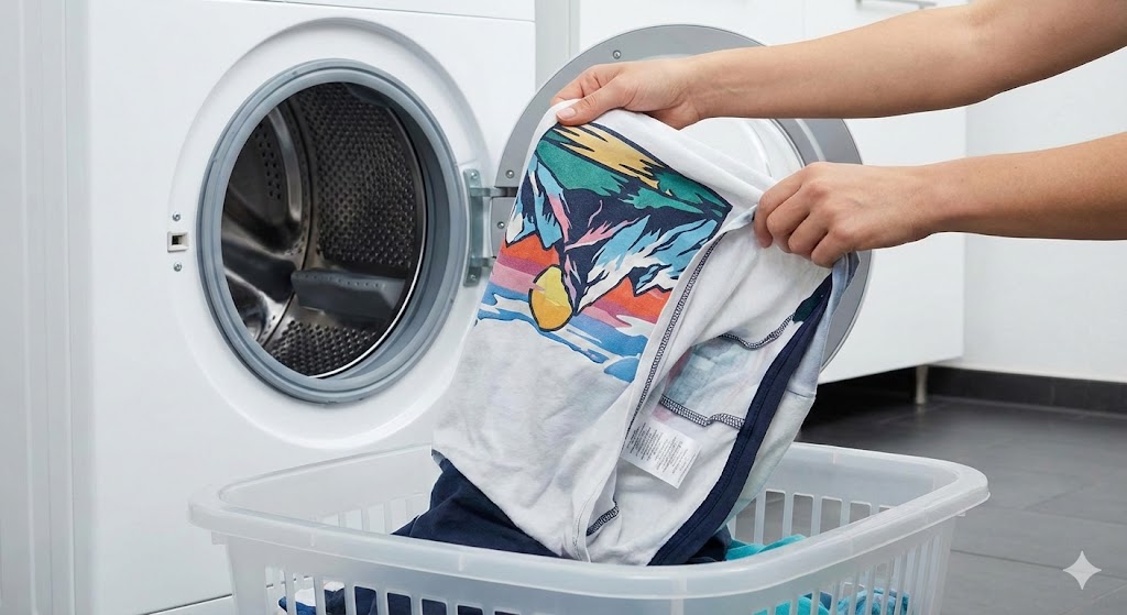 สาธิตการกลับด้านเสื้อยืดก่อนซักผ้าเพื่อถนอมลายสกรีนและเนื้อผ้าด้านนอก