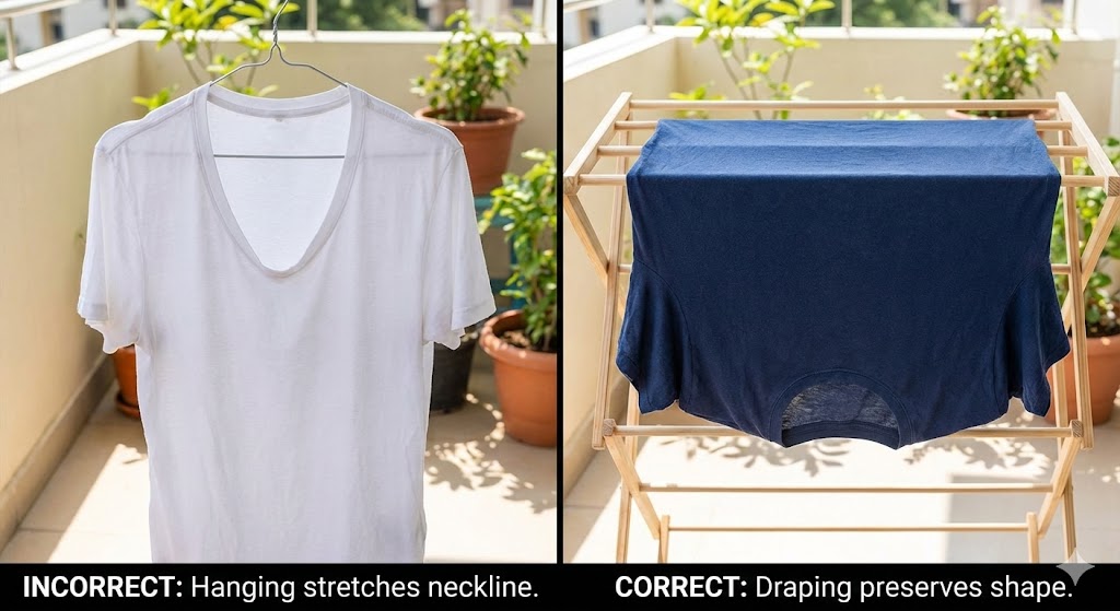 เปรียบเทียบวิธีตากเสื้อยืดที่ถูกต้องด้วยการพาดราวพัดแทนการใช้ไม้แขวนเสื้อเพื่อป้องกันคอย้วย