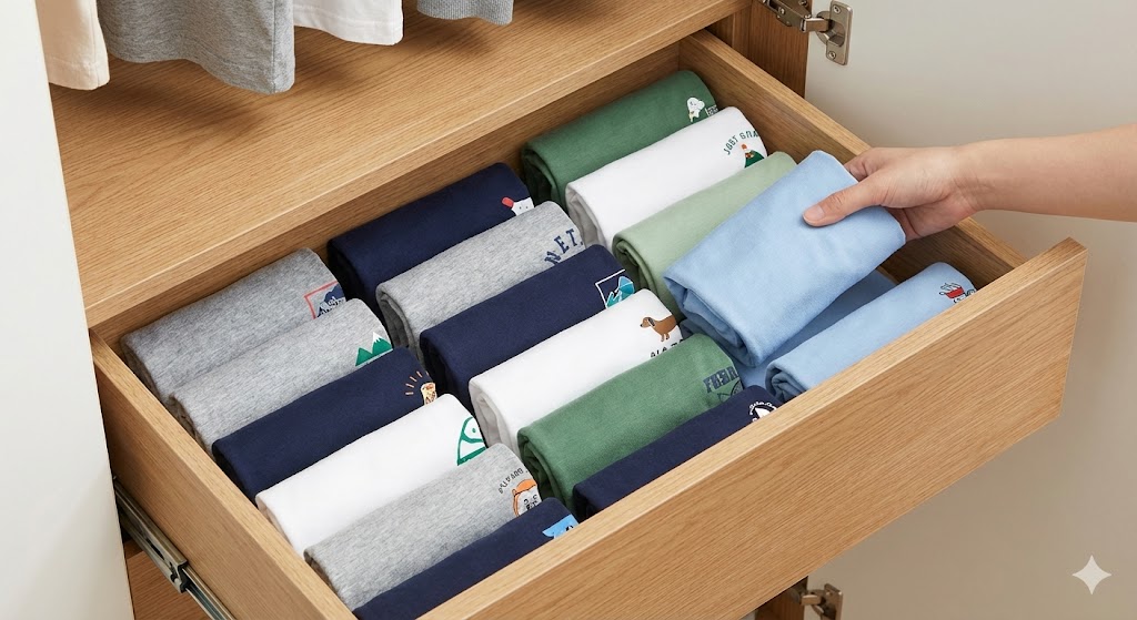 วิธีการพับเสื้อยืดจัดเก็บในตู้เสื้อผ้าเพื่อรักษาทรงคอเสื้อและประหยัดพื้นที่