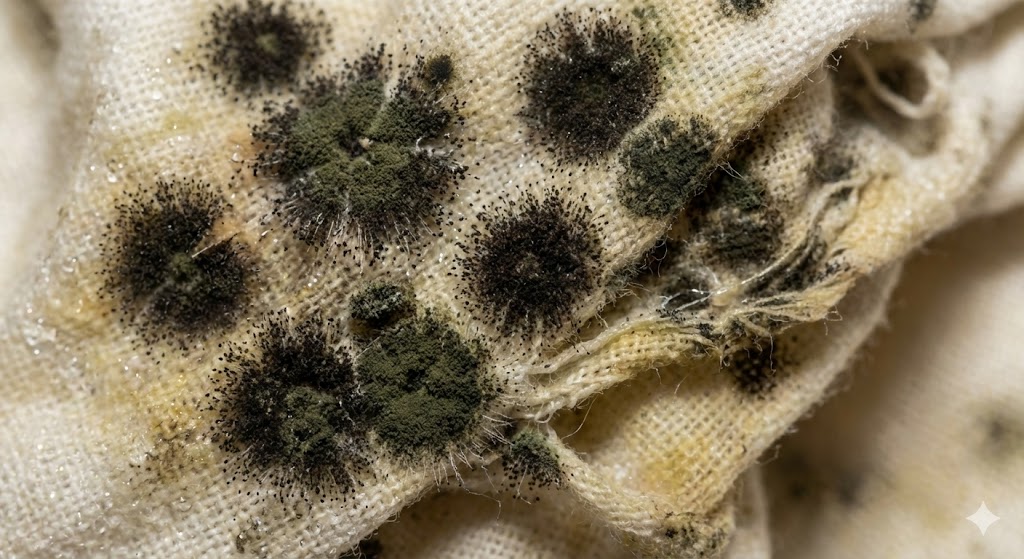 ภาพขยายสปอร์เชื้อราหรือคราบจุดดำบนเนื้อผ้าที่เกิดจากการตากผ้าในที่อับ