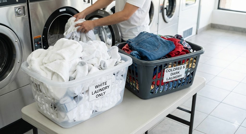 วิธีแยกตะกร้าผ้าขาวและผ้าสีออกจากกันก่อนนำไปซักที่ร้านสะดวกซัก