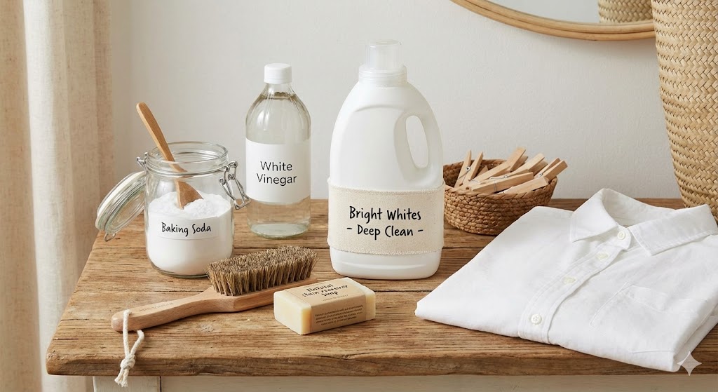 อุปกรณ์และผลิตภัณฑ์ที่ช่วยขจัดคราบหมองบนผ้าขาว เช่น เบกกิ้งโซดาและน้ำซักผ้าสูตรเข้มข้น