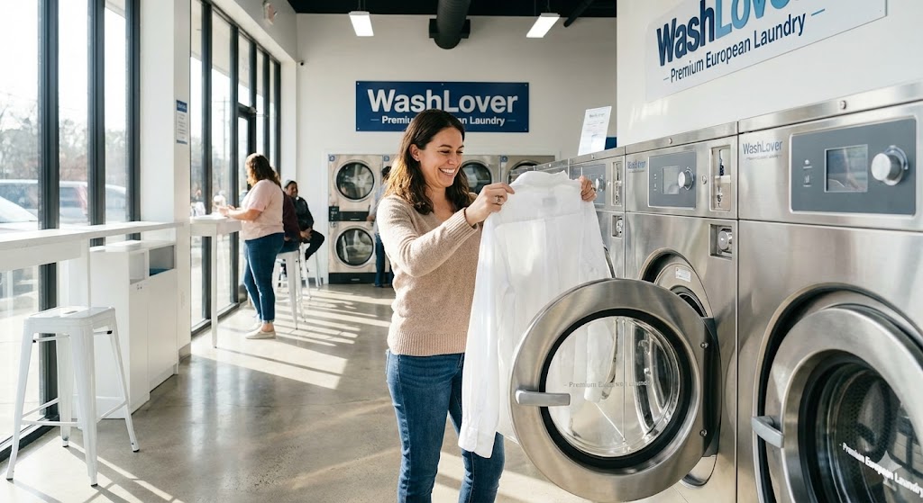 บรรยากาศลูกค้าใช้บริการเครื่องซักผ้ามาตรฐานยุโรปที่ร้าน WashLover เพื่อดูแลผ้าขาวตัวโปรด