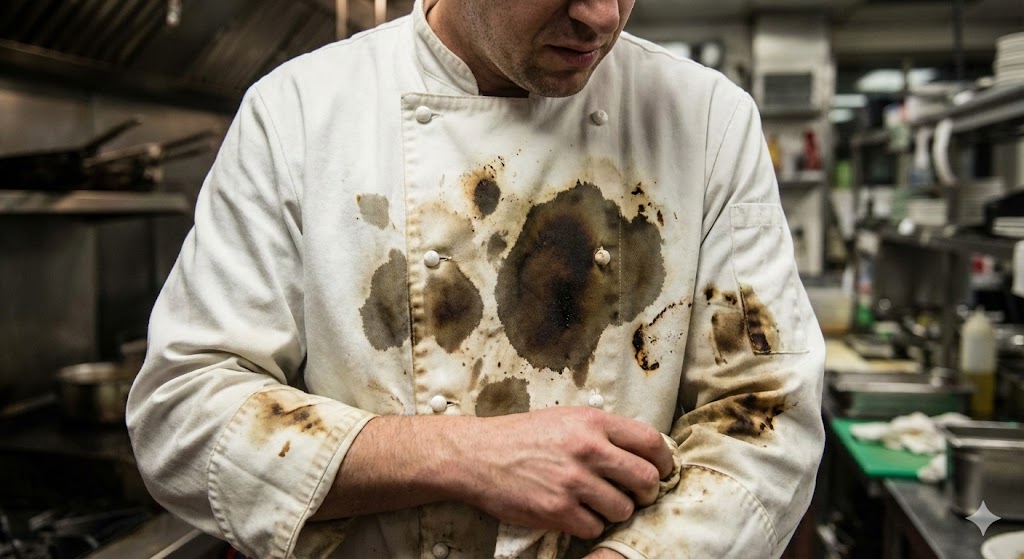 คราบน้ำมันฝังลึกบนชุดเชฟหรือชุดช่างซ่อมรถที่ซักออกยากด้วยวิธีปกติ