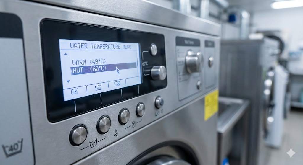 หน้าจอการเลือกโปรแกรมซักผ้าน้ำอุ่นที่ได้มาตรฐานเพื่อการขจัดคราบมัน