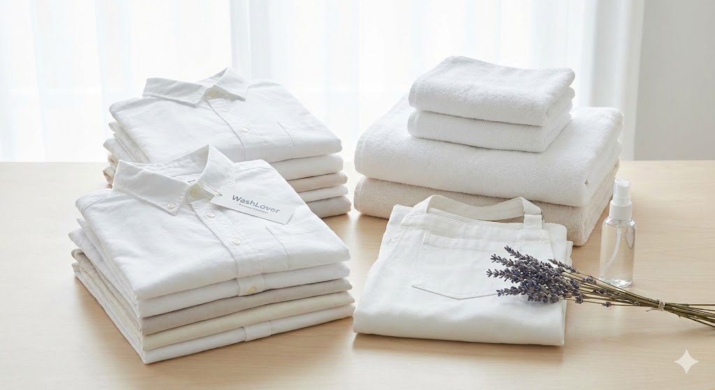 เสื้อผ้าที่สะอาดกระจ่างใสไร้คราบมันและกลิ่นอับหลังจากการซักด้วยน้ำอุ่นที่ WashLover
