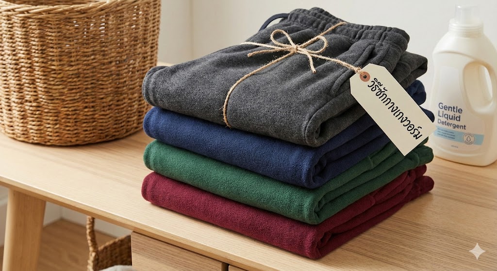 กางเกงวอร์มผ้าหนานุ่มวางซ้อนกันหลายตัว เตรียมนำไปซัก