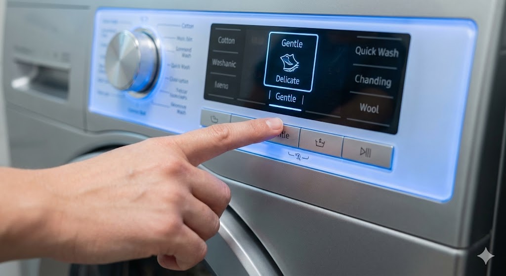 มือคนกำลังกดเลือกโหมดการซักผ้าแบบถนอมผ้าบนหน้าปัดเครื่องซักผ้า
