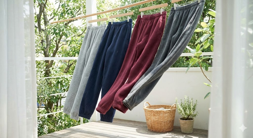 กางเกงวอร์มตากอยู่บนราวตากผ้าในบริเวณที่มีแสงแดดรำไรและลมพัดผ่าน
