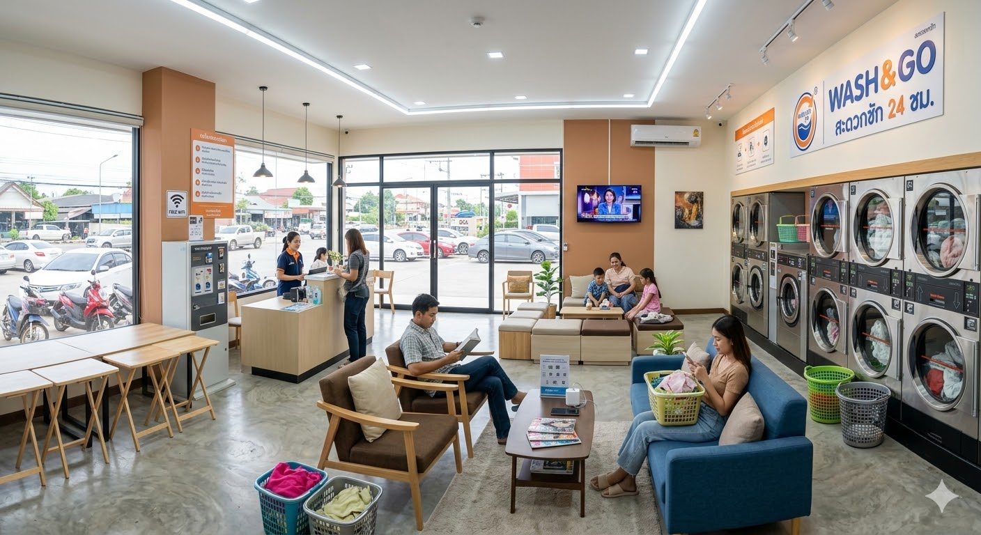 ภายในร้านสะดวกซักที่ทันสมัย มีพื้นที่จอดรถและที่นั่งรอ