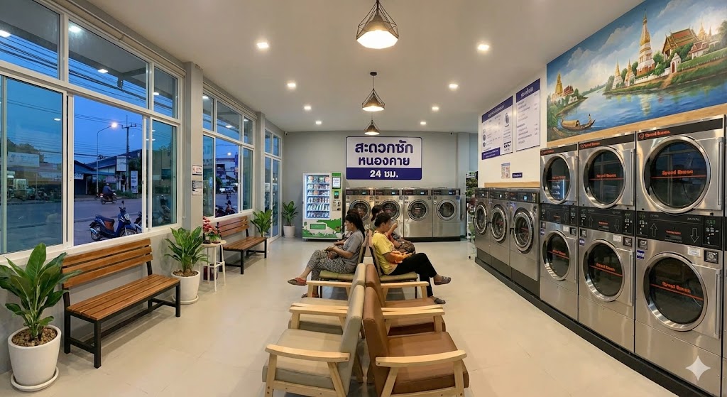 บรรยากาศภายในร้านสะดวกซักหนองคาย WashLover ที่สะอาด ทันสมัย และมีพื้นที่นั่งรอที่สะดวกสบาย
