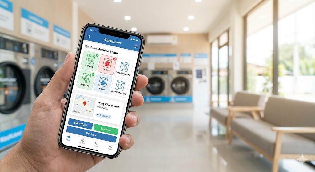 การใช้งานแอปพลิเคชัน WashLover บนมือถือเพื่อสแกนจ่ายและตรวจสอบสถานะเครื่อง