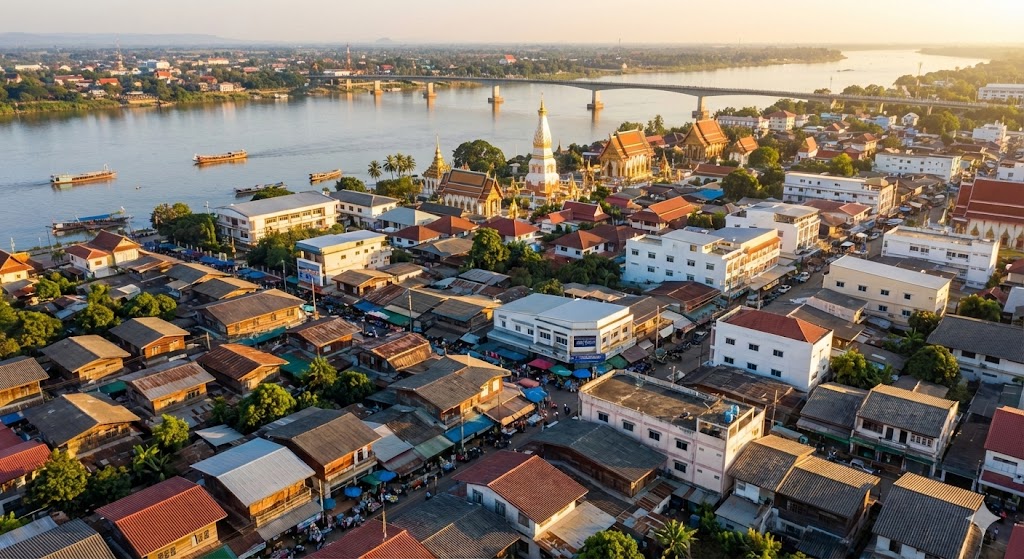 ภาพมุมสูงเมืองหนองคาย ริมแม่น้ำโขง เห็นอาคารบ้านเรือนหนาแน่นและสะพานมิตรภาพไทย-ลาว