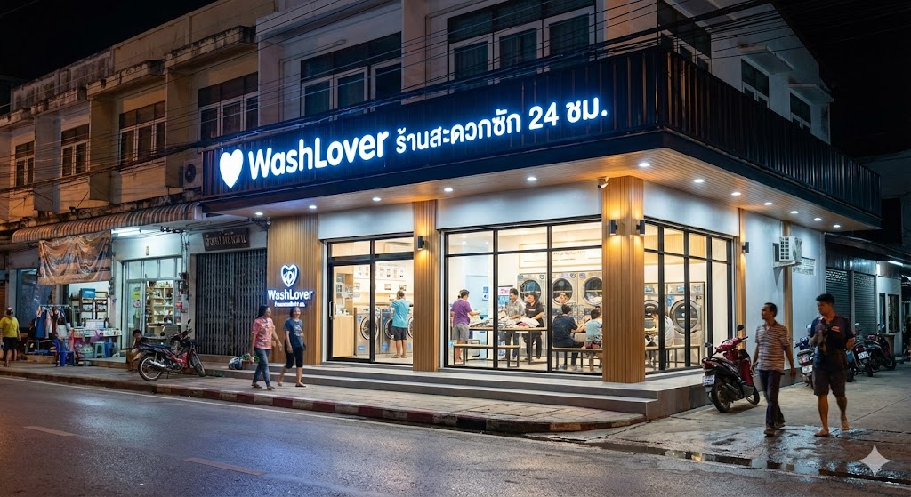 ร้านสะดวกซัก WashLover ที่ตกแต่งสไตล์โมเดิร์น สว่างไสว ในย่านชุมชนหนองคายตอนกลางคืน
