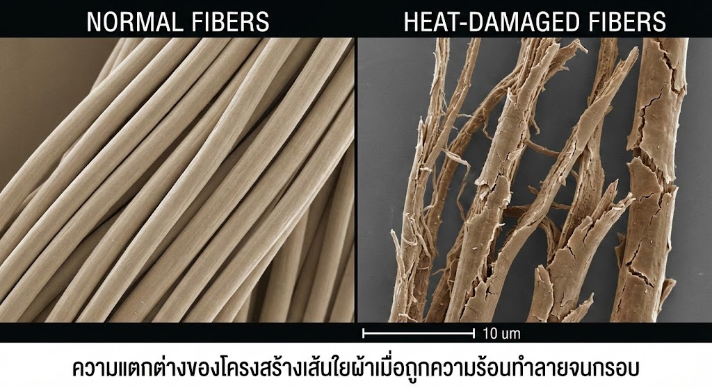 เปรียบเทียบภาพขยายเส้นใยผ้าปกติและเส้นใยที่เสียหายจากการอบผ้าแห้งเกินไป