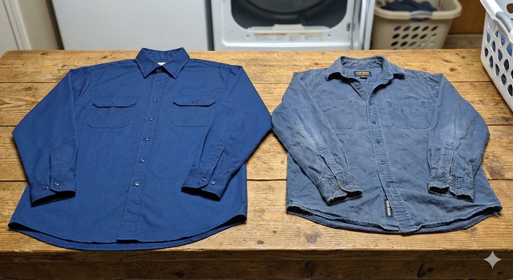 เสื้อเชิ้ตทำงานสีซีดและหดตัวจากการใช้ความร้อนสูงในเครื่องอบผ้า