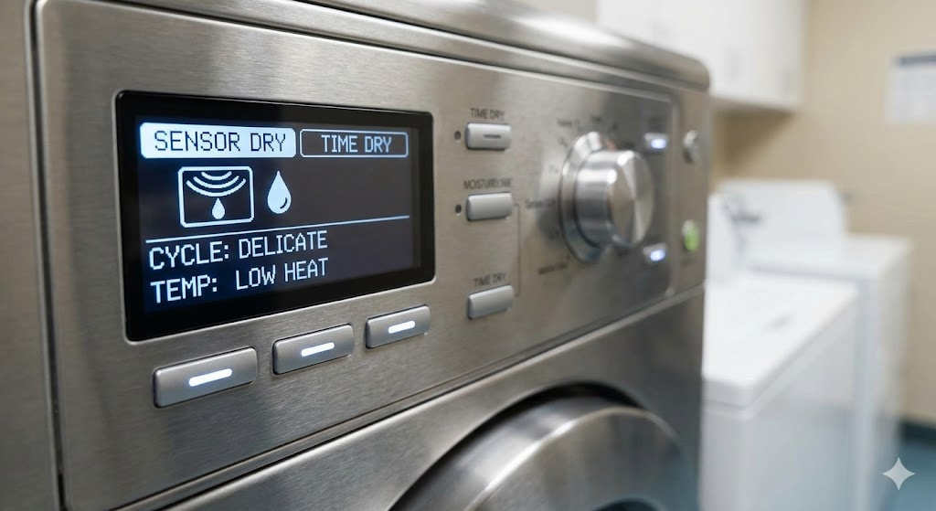 การเลือกโหมด Sensor Dry และอุณหภูมิความร้อนต่ำบนหน้าจอเครื่องอบผ้า