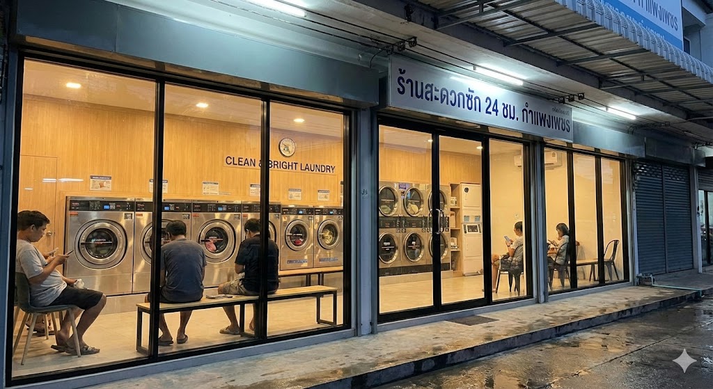 บรรยากาศร้านสะดวกซัก 24 ชั่วโมง ในกำแพงเพชร มีเครื่องซักผ้าอุตสาหกรรมทันสมัย