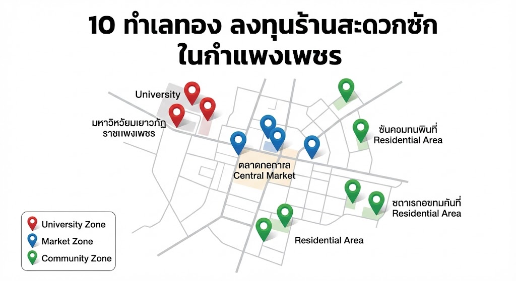 แผนที่แสดง 10 ทำเลทอง ลงทุนร้านสะดวกซัก ในจังหวัดกำแพงเพชร