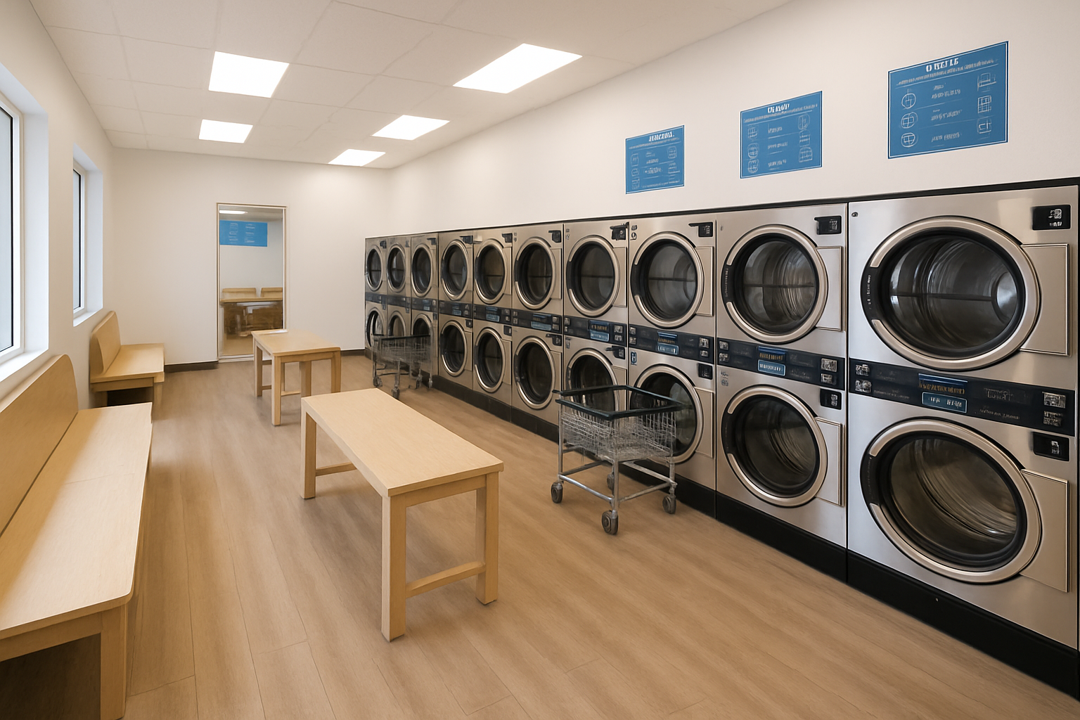 บรรยากาศภายในร้านสะดวกซักที่สะอาด ทันสมัย มีเครื่องซักผ้าและเครื่องอบผ้าครบครัน