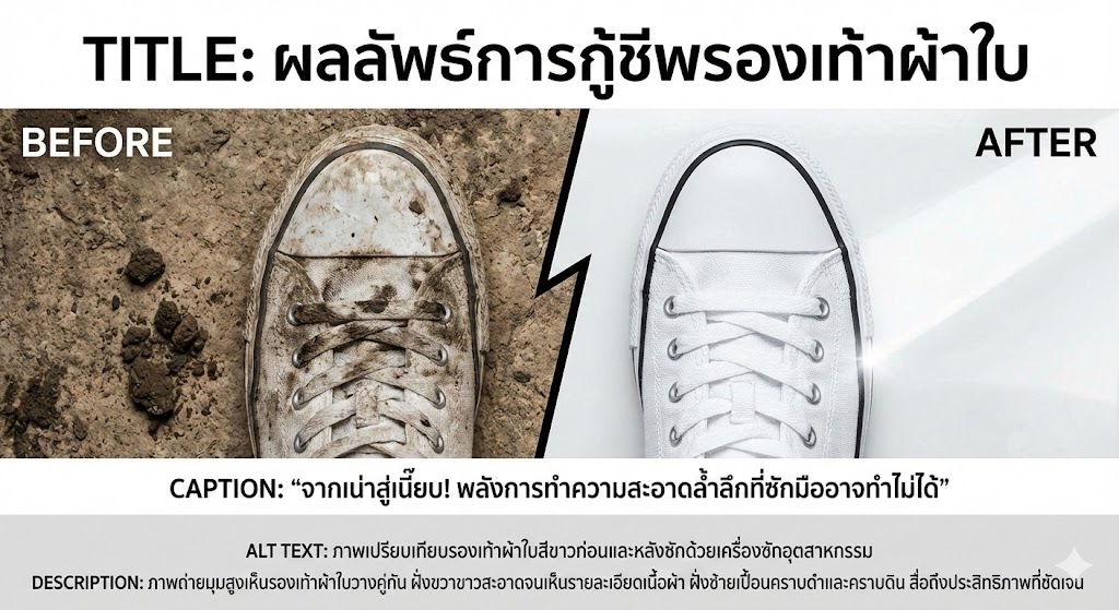 ภาพเปรียบเทียบรองเท้าผ้าใบสีขาวก่อนและหลังซักด้วยเครื่องซักอุตสาหกรรม