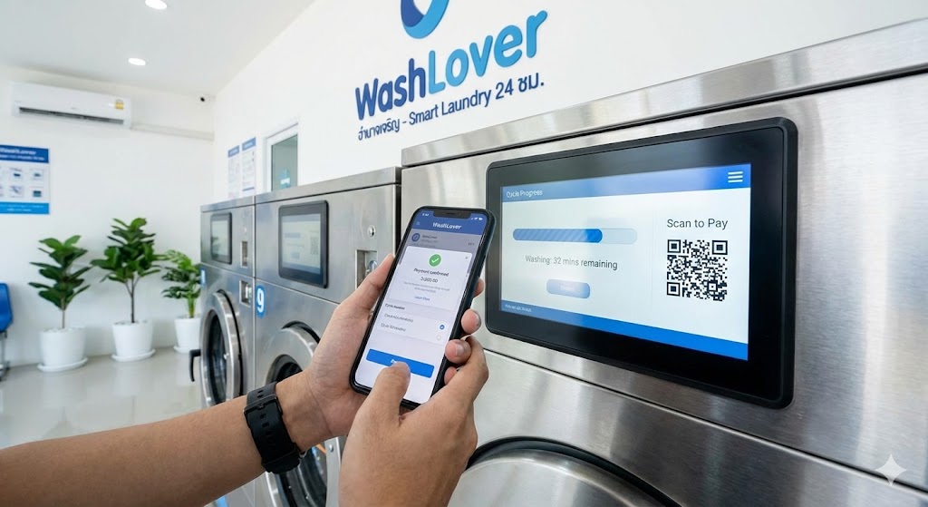 การใช้งานแอปพลิเคชันและหน้าจออัจฉริยะในร้าน WashLover อำนาจเจริญ
