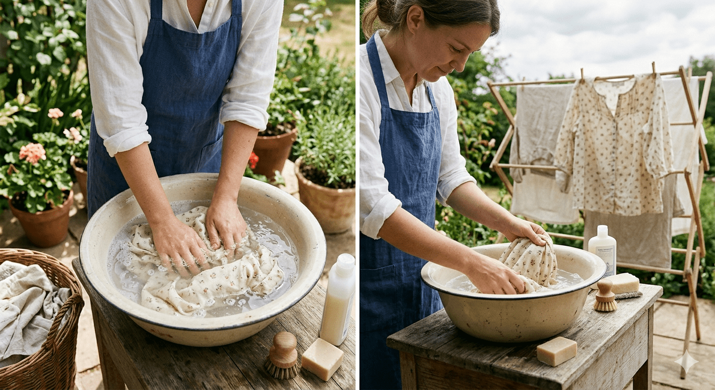 ขั้นตอนการซักผ้าลินินผสมด้วยมือโดยการกดเบาๆ ในน้ำสบู่