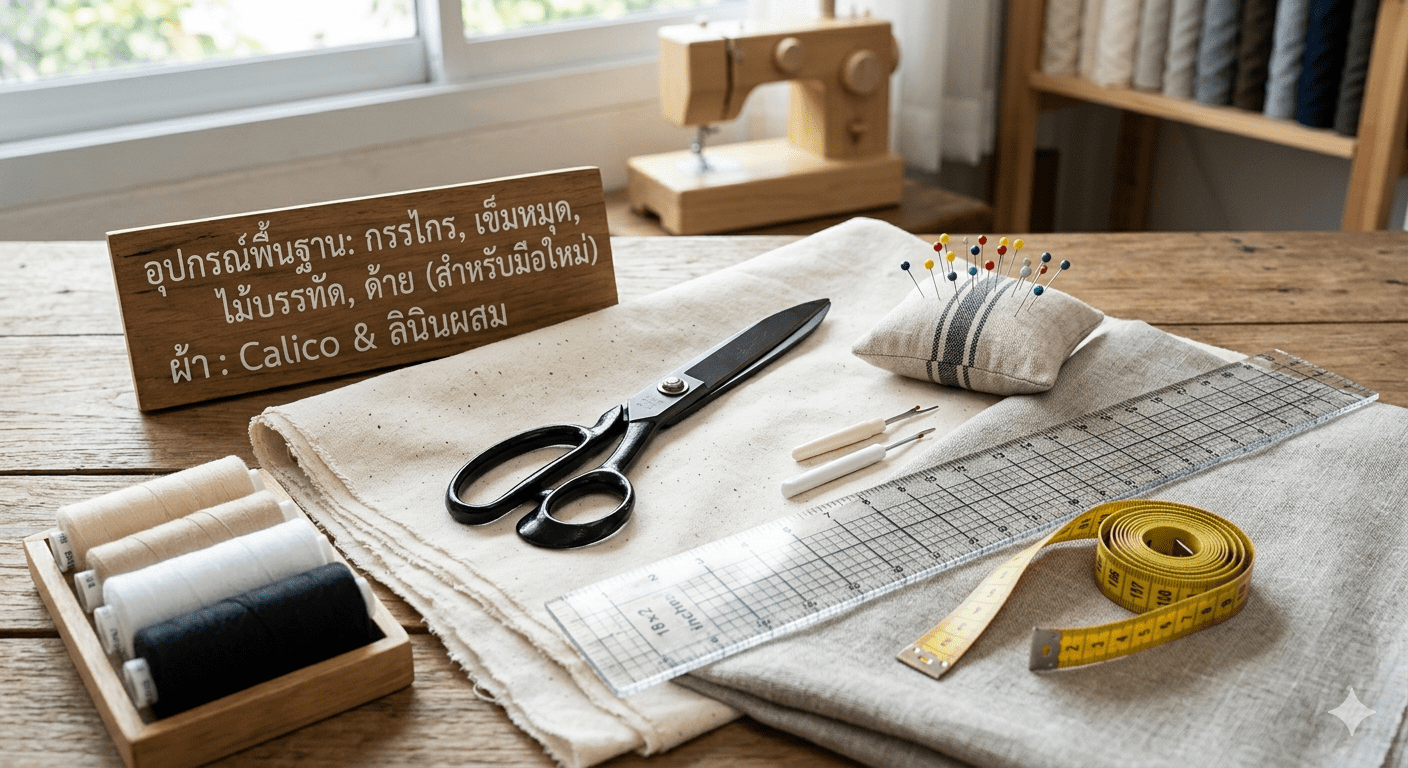 อุปกรณ์ตัดเย็บผ้าฝ้าย Calico และลินินผสม กรรไกร เข็ม ด้าย สำหรับมือใหม่งาน Handmade