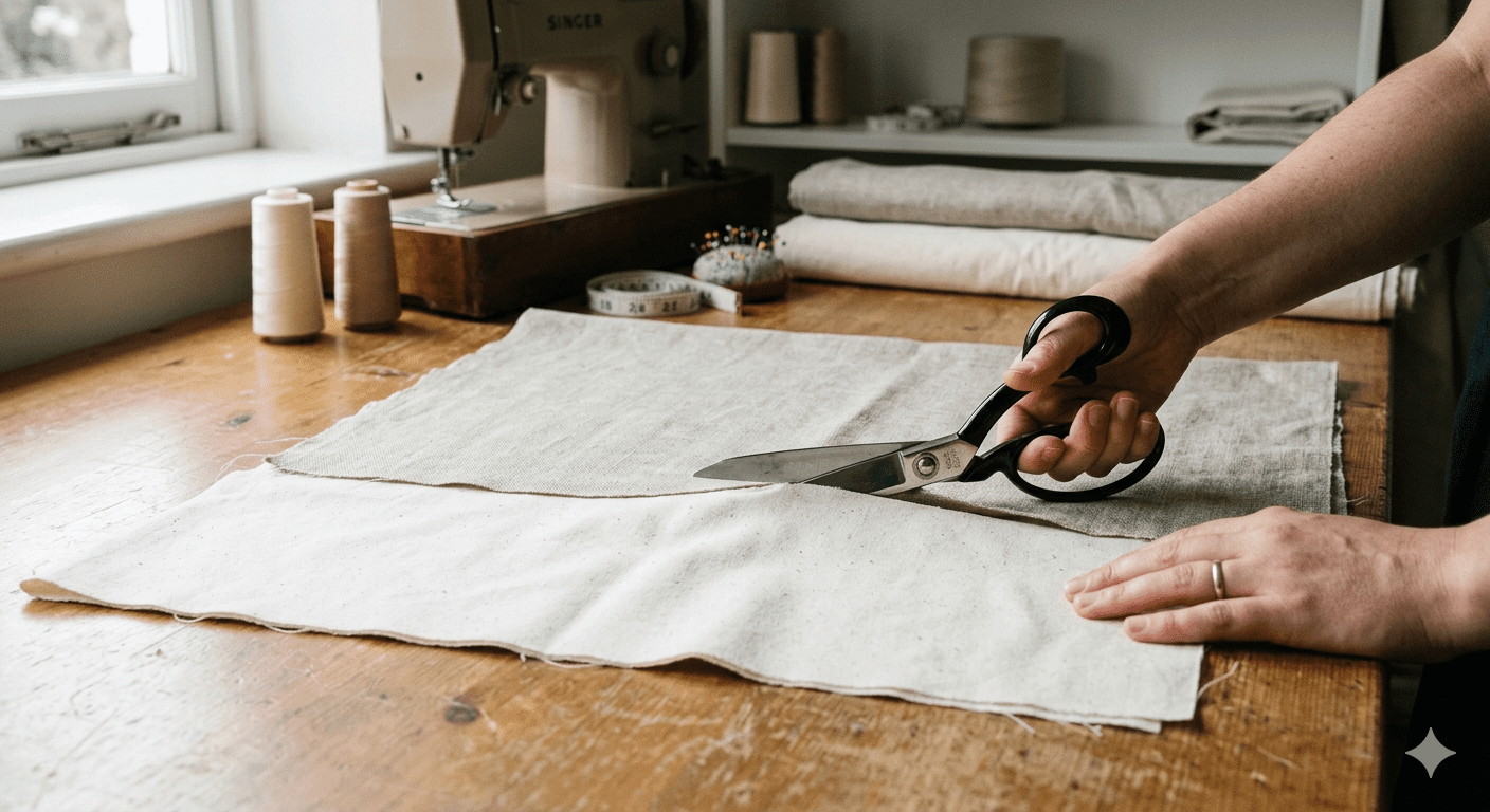 มือใหม่หัดตัดเย็บ ใช้กรรไกรตัดผ้าฝ้าย Calico บนโต๊ะตัดผ้า