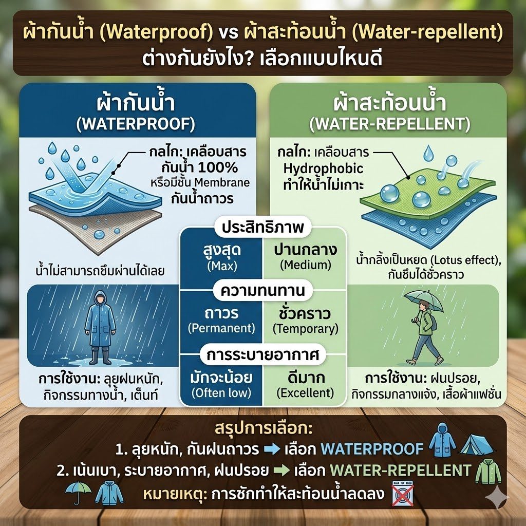 ผ้ากันน้ำ (Waterproof) vs ผ้าสะท้อนน้ำ (Water-repellent) ต่างกันยังไง? เลือกแบบไหนดี