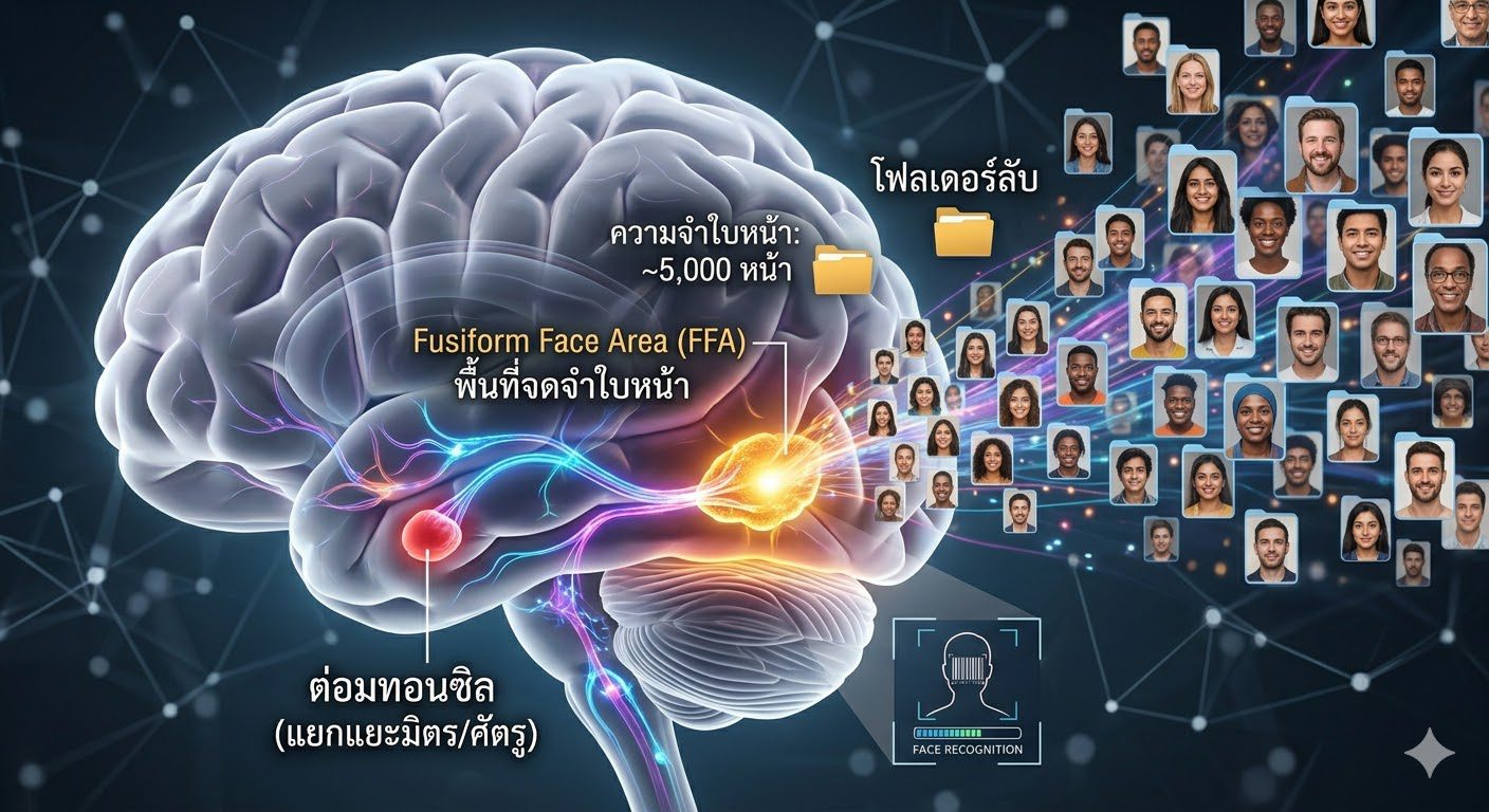 ภาพจำลองการทำงานของสมองมนุษย์ในส่วน Fusiform Face Area ที่ใช้จดจำใบหน้า