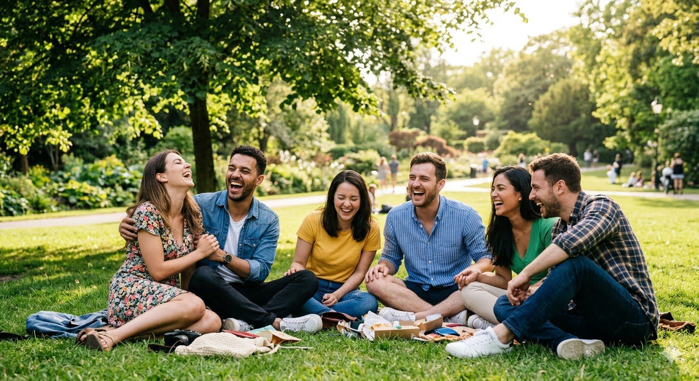 กลุ่มคนกำลังหัวเราะอย่างมีความสุขในวันความสุขสากล 20 มีนาคม