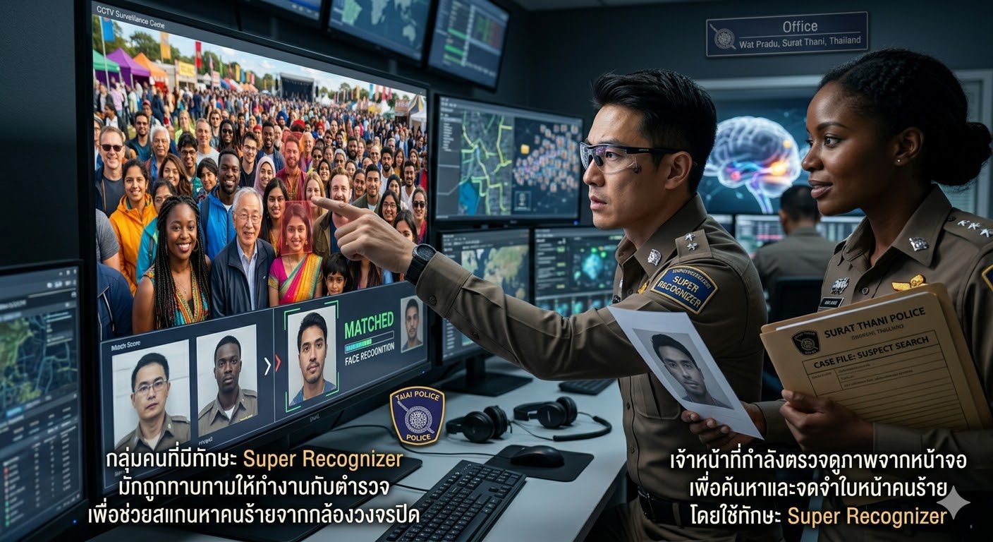 เจ้าหน้าที่กำลังตรวจดูภาพจากหน้าจอ เพื่อค้นหาและจดจำใบหน้าคนร้ายโดยใช้ทักษะ Super Recognizer