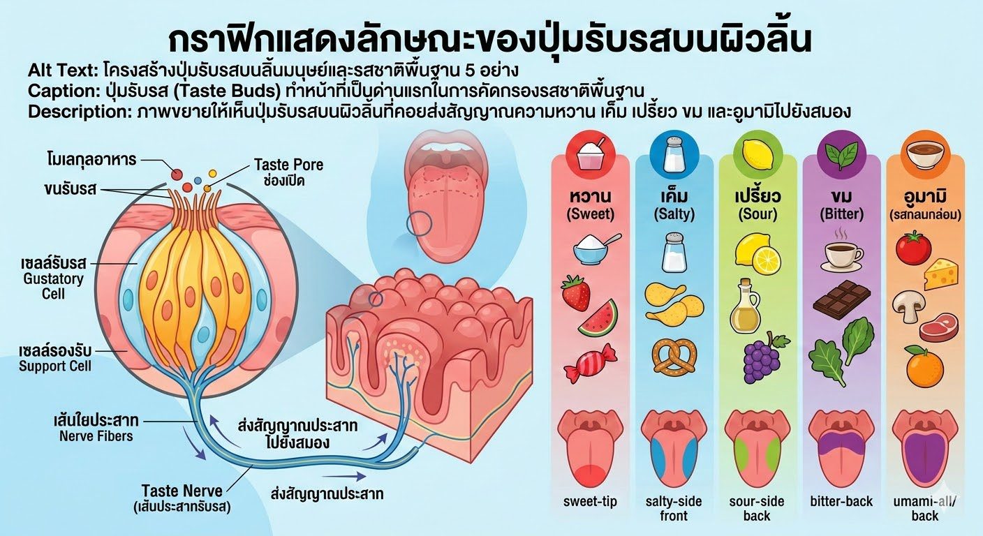 โครงสร้างปุ่มรับรสบนลิ้นมนุษย์และรสชาติพื้นฐาน 5 อย่าง