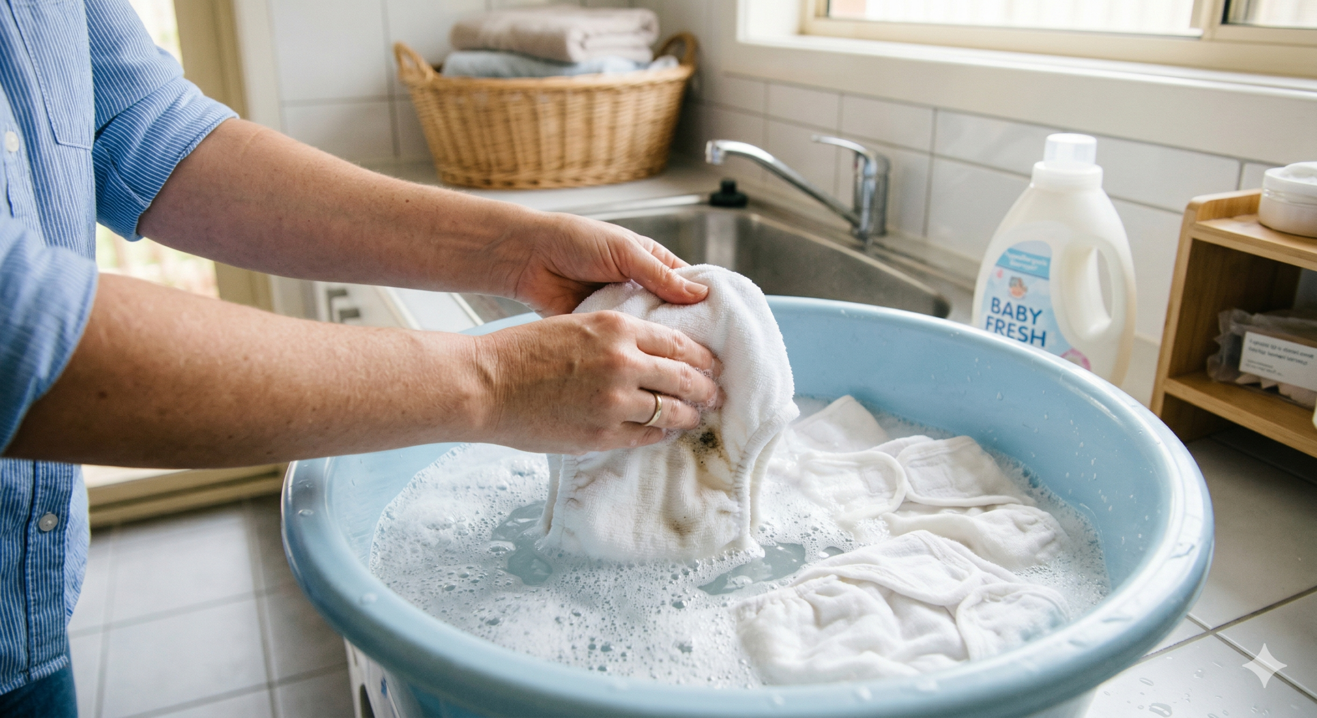 การแช่ผ้าอ้อมเด็กเพื่อขจัดคราบฝังแน่นก่อนซัก