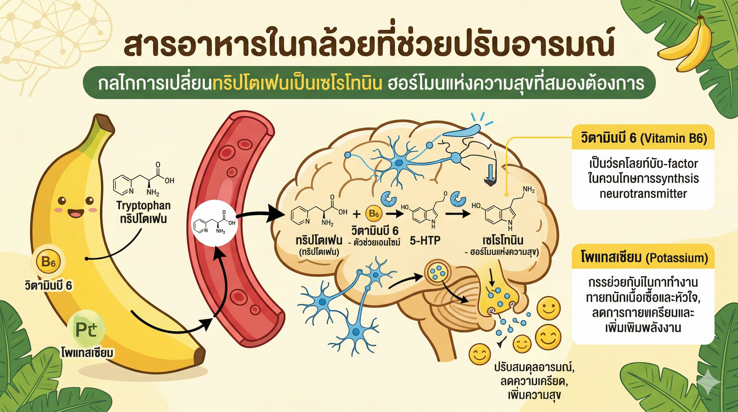 อินโฟกราฟิกแสดงสารทริปโตเฟนในกล้วยที่ช่วยสร้างเซโรโทนินให้กินกล้วยอารมณ์ดี