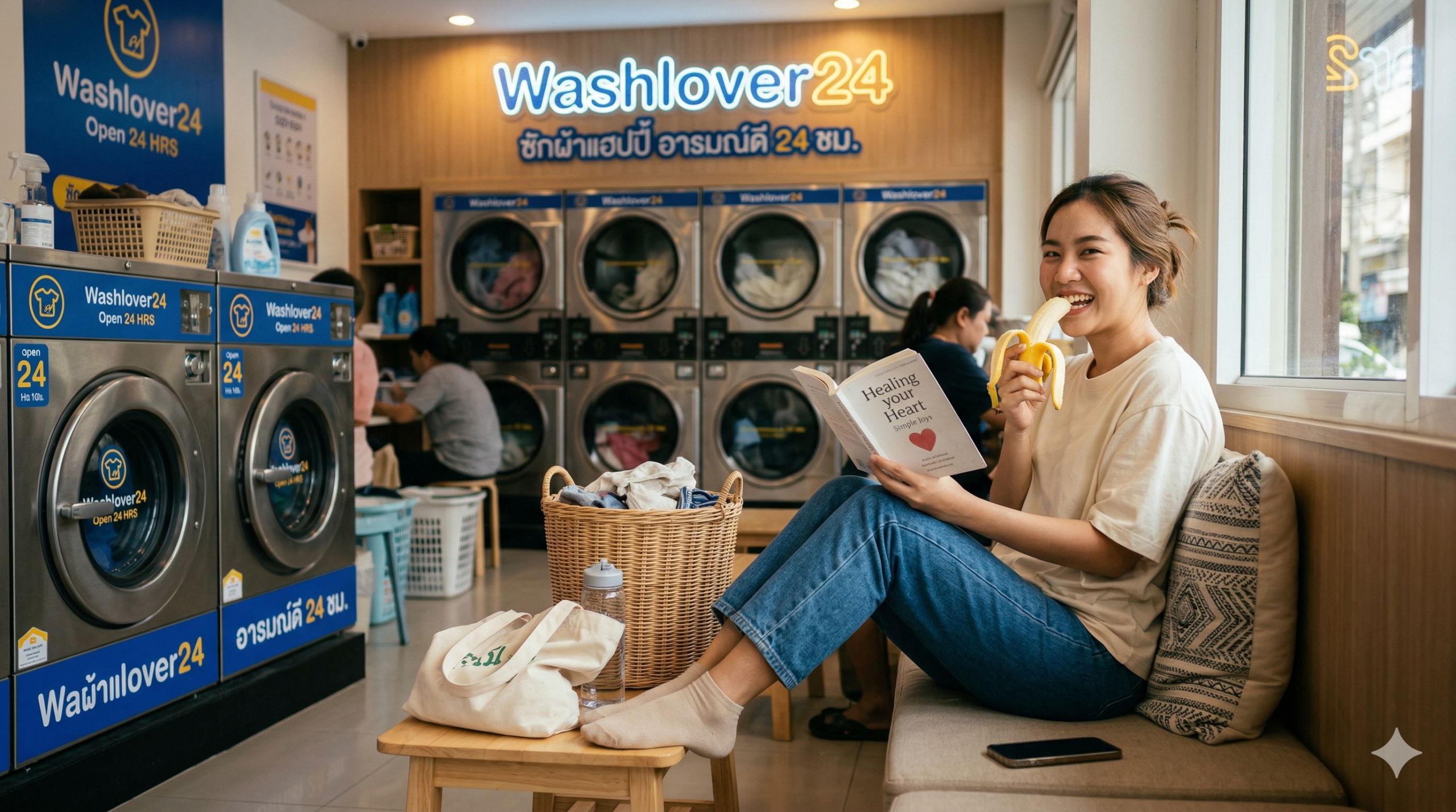 ผู้หญิงนั่งอ่านหนังสือและกินกล้วยอารมณ์ดี ระหว่างรอเครื่องซักผ้าทำงานที่ร้าน washlover