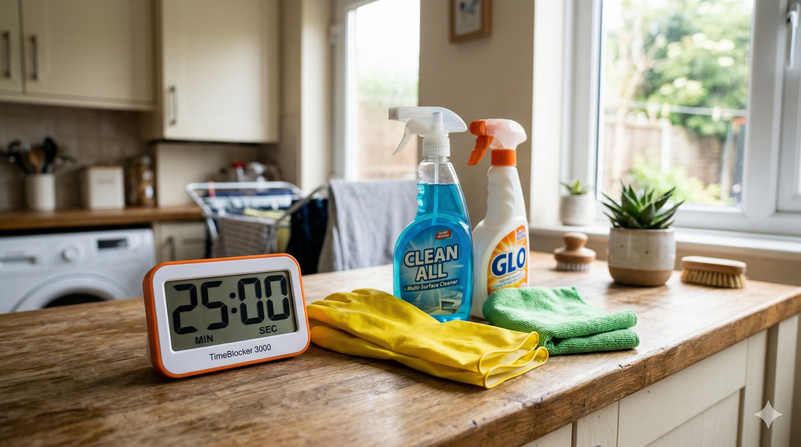 นาฬิกาจับเวลาวางคู่กับอุปกรณ์ทำความสะอาด สื่อถึงการ จัดสรรเวลาพักผ่อน