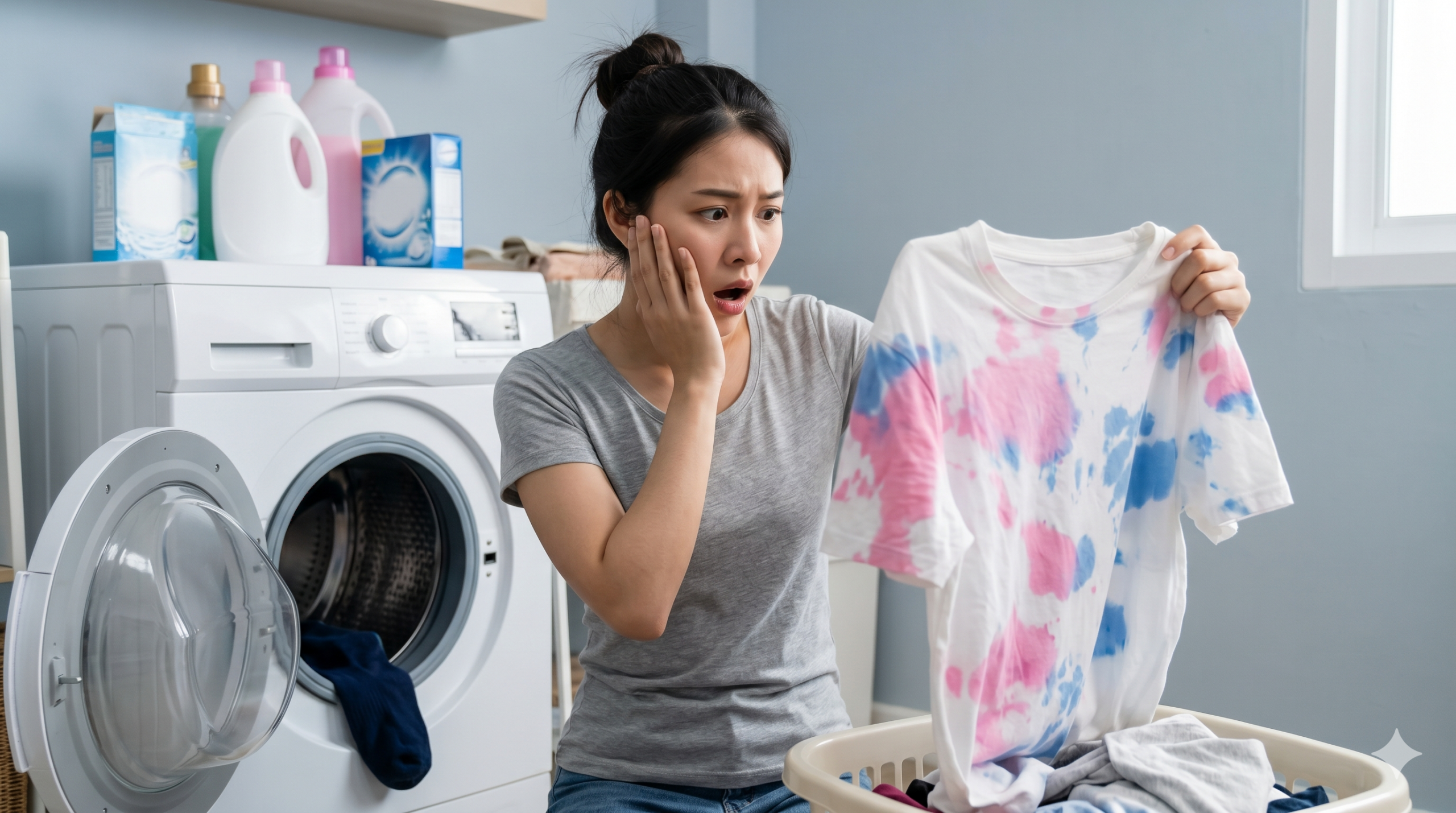 หญิงสาวทำหน้าตกใจเมื่อเจอ ปัญหาการซักผ้า สีตกใส่เสื้อยืดตัวโปรด